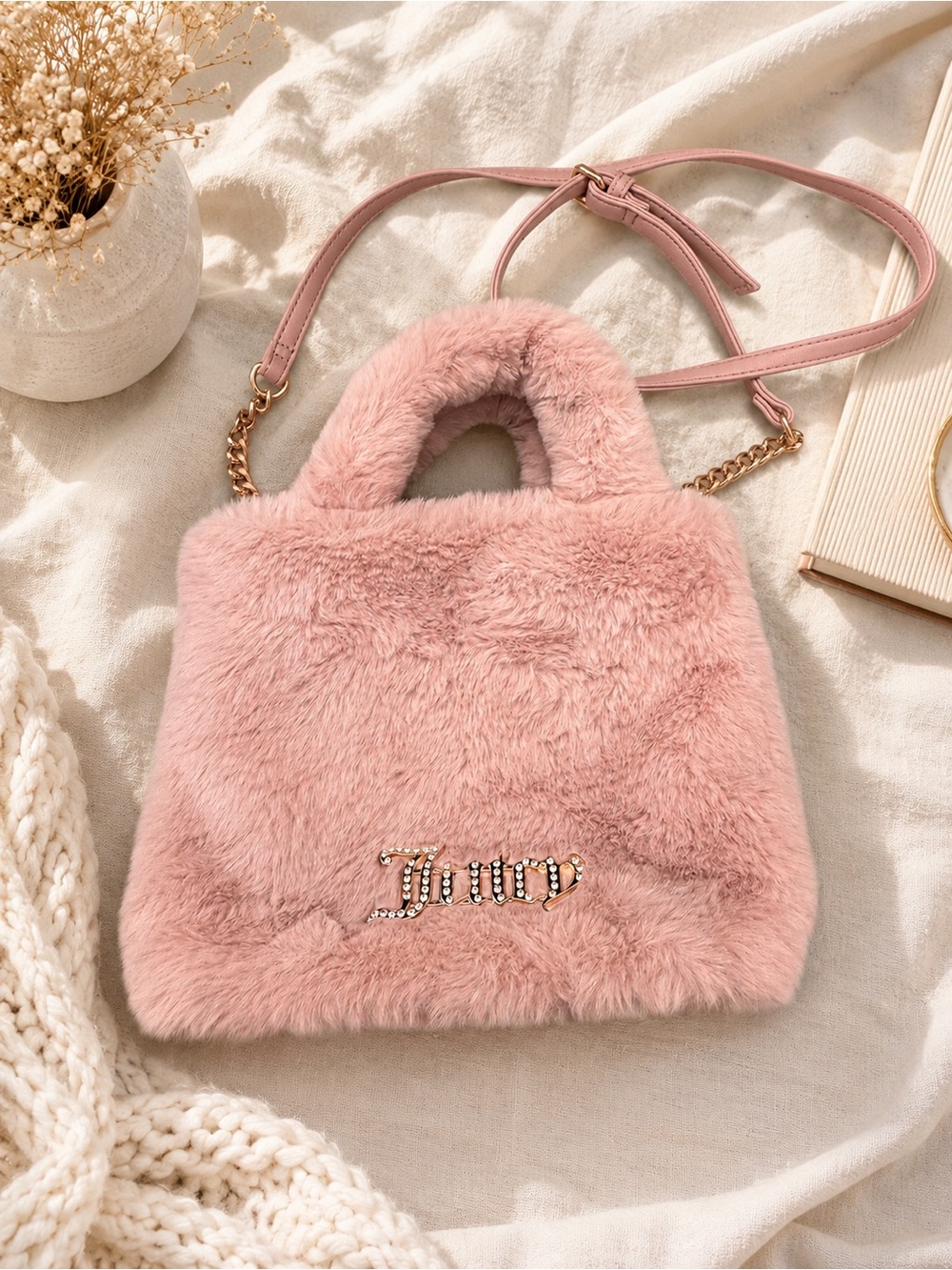 Juicy Couture Blush Pink Faux Fur Mini Tote Crossbody Bag Detachable Chain Strap